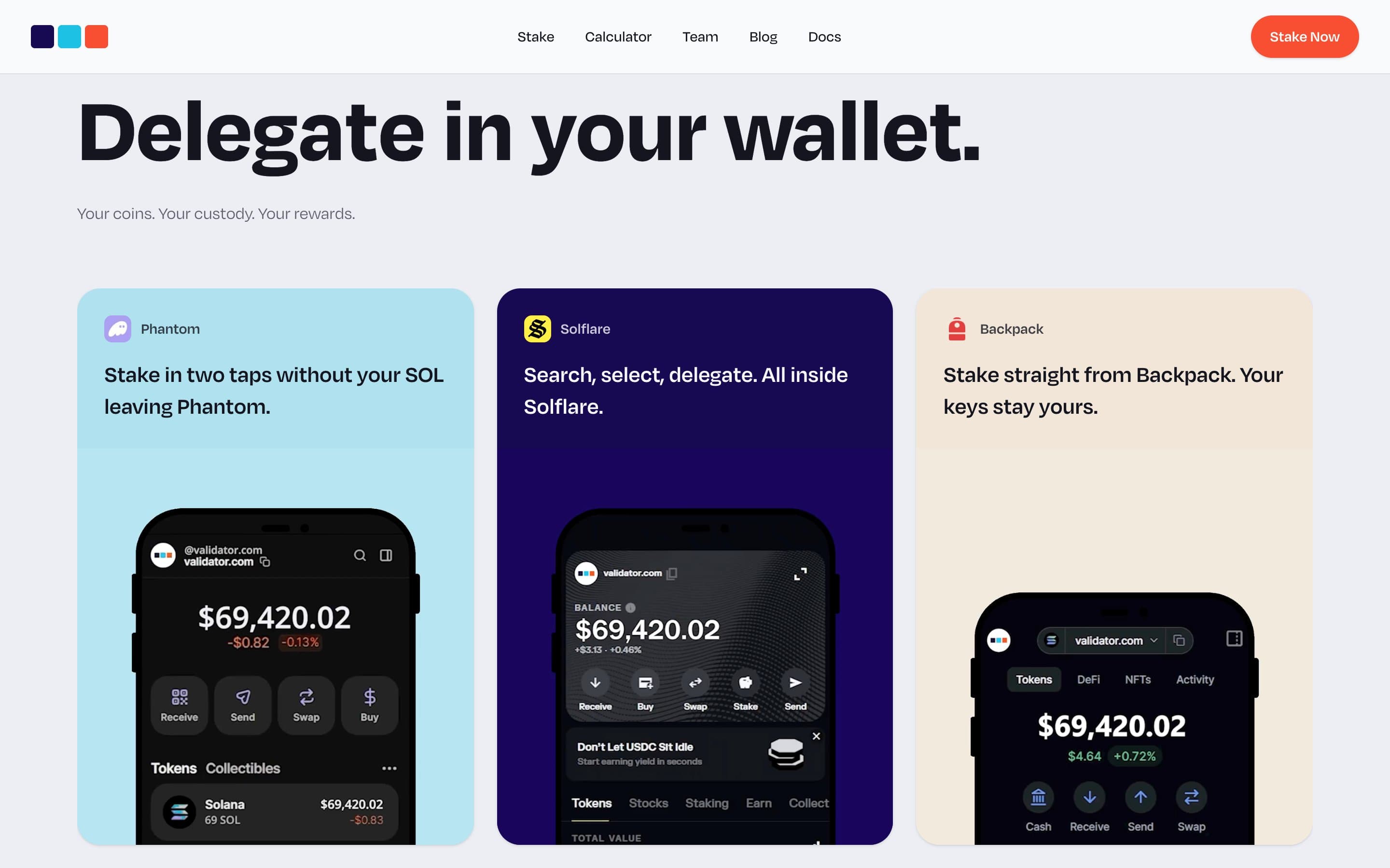 Delegation guides for Phantom, Solflare and Backpack wallets