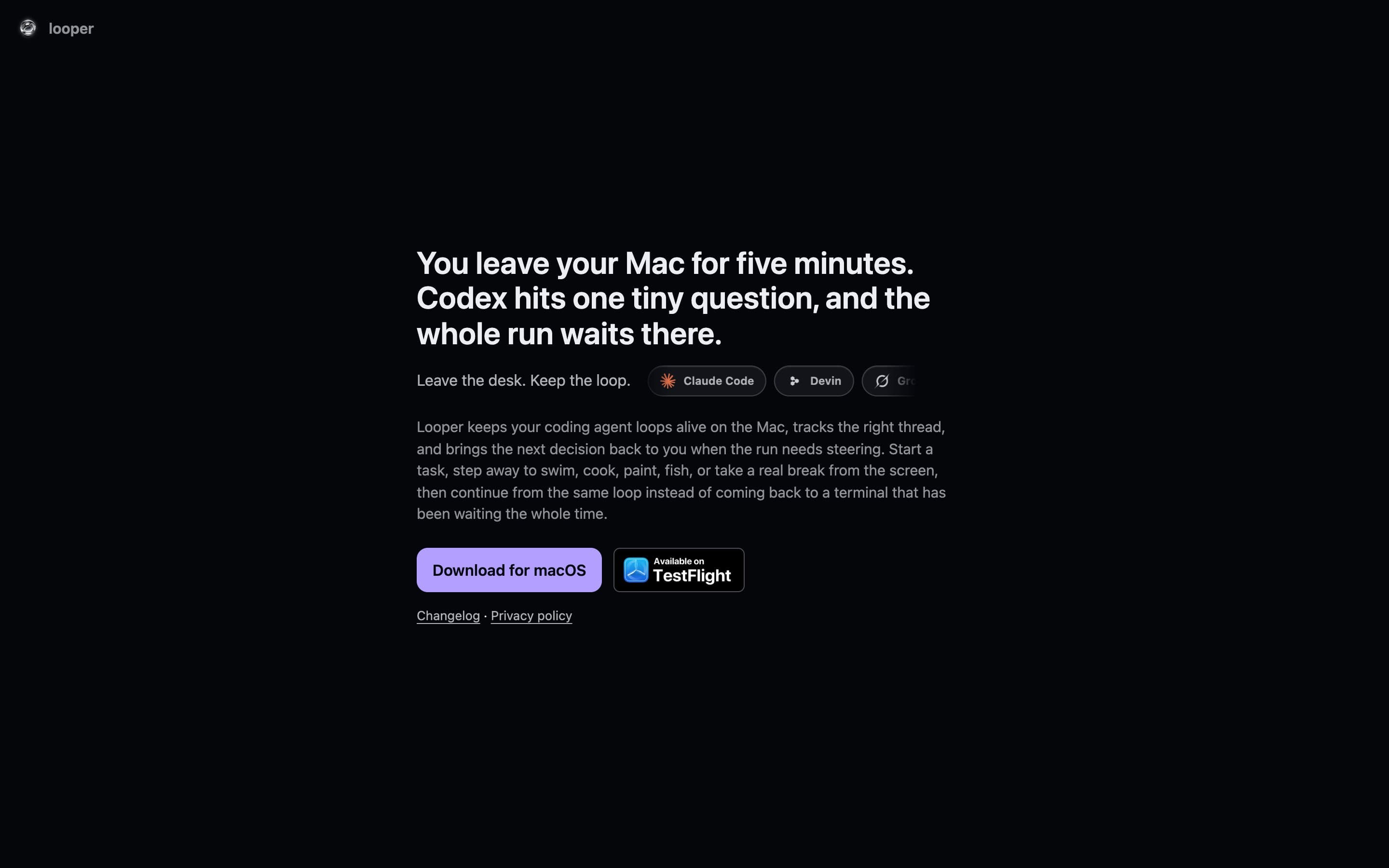 looper.fyi landing page with its download button