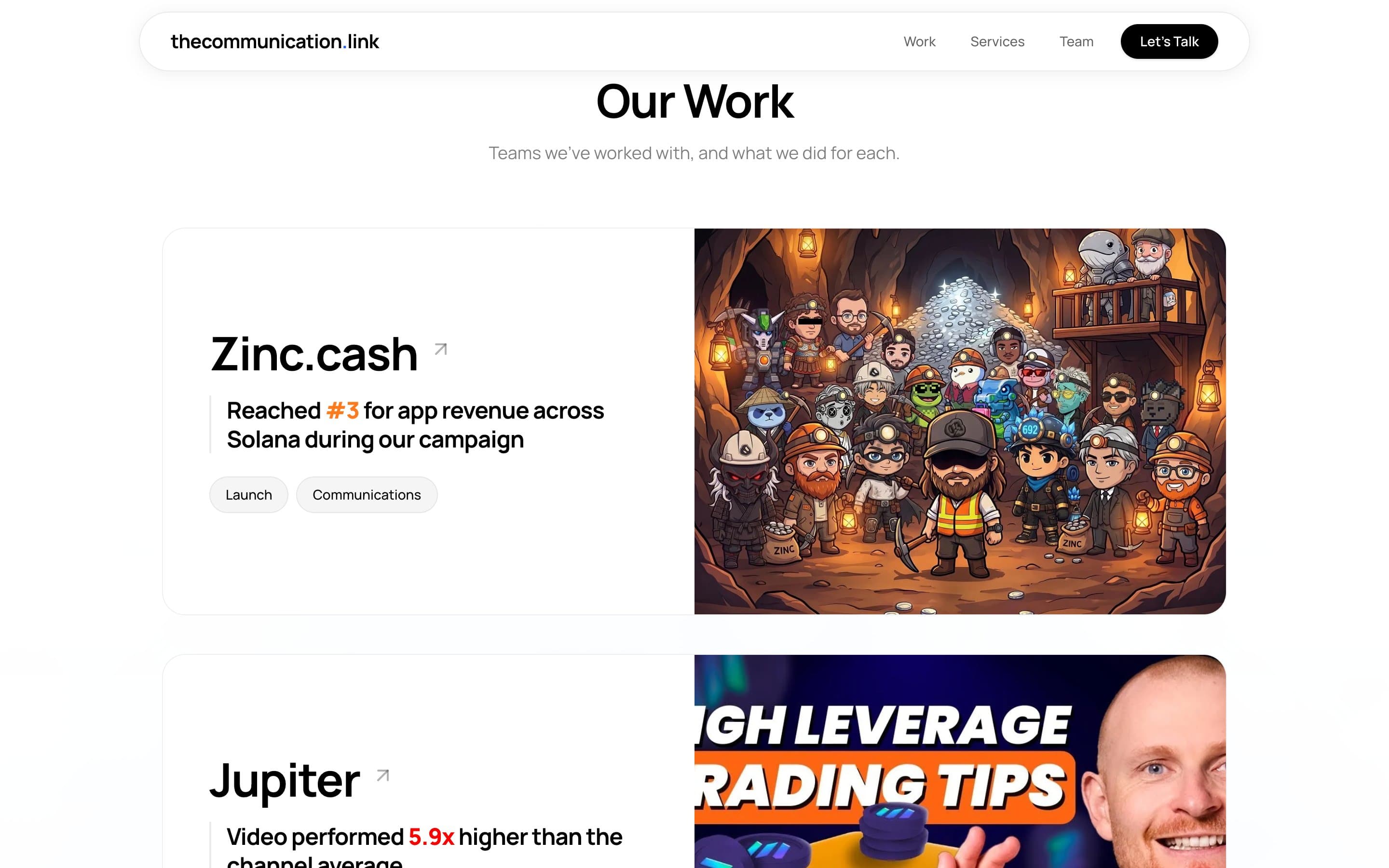 thecommunication.link work section featuring the Zinc.cash campaign