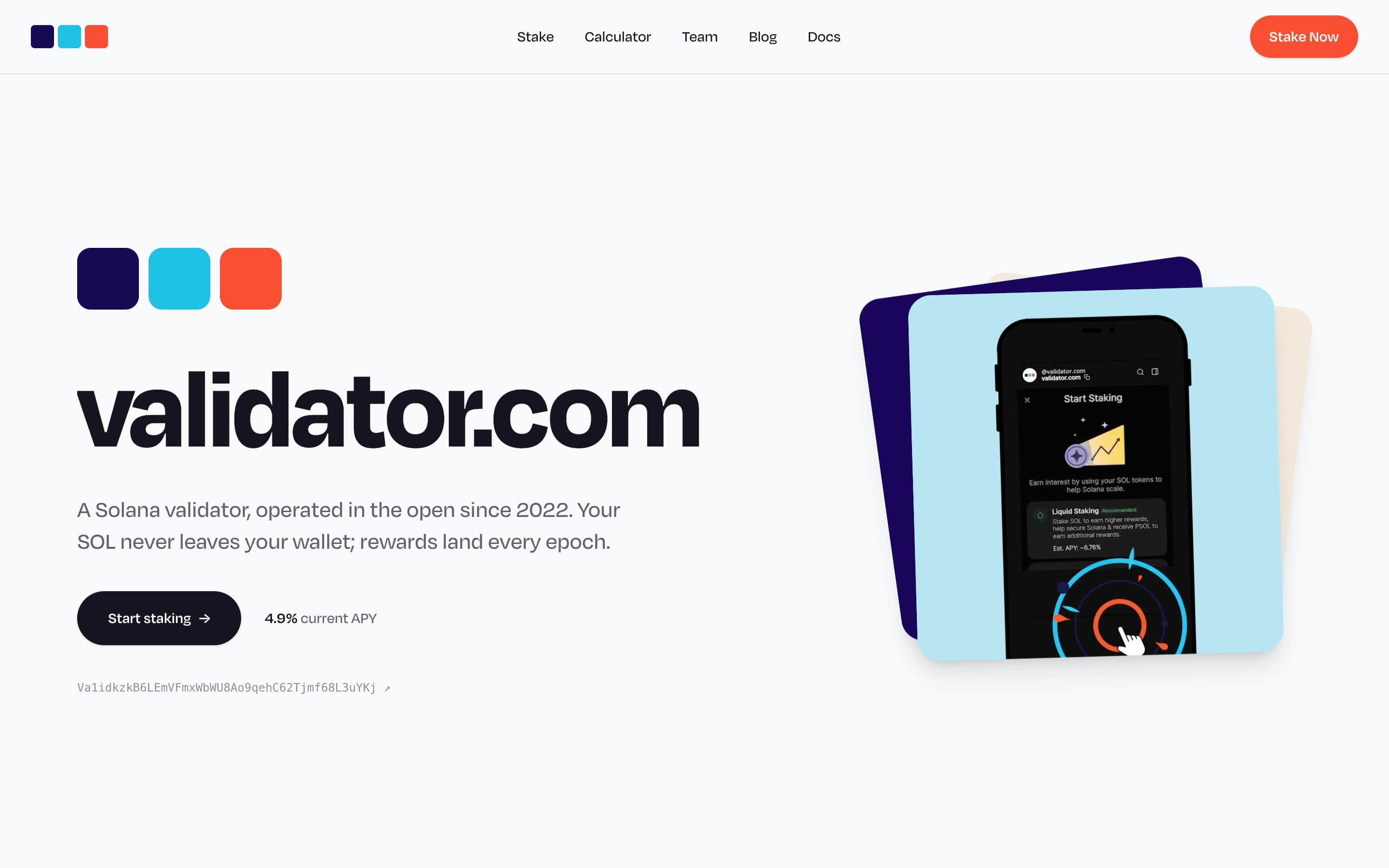 validator.com homepage with the three-square logo and staking call to action